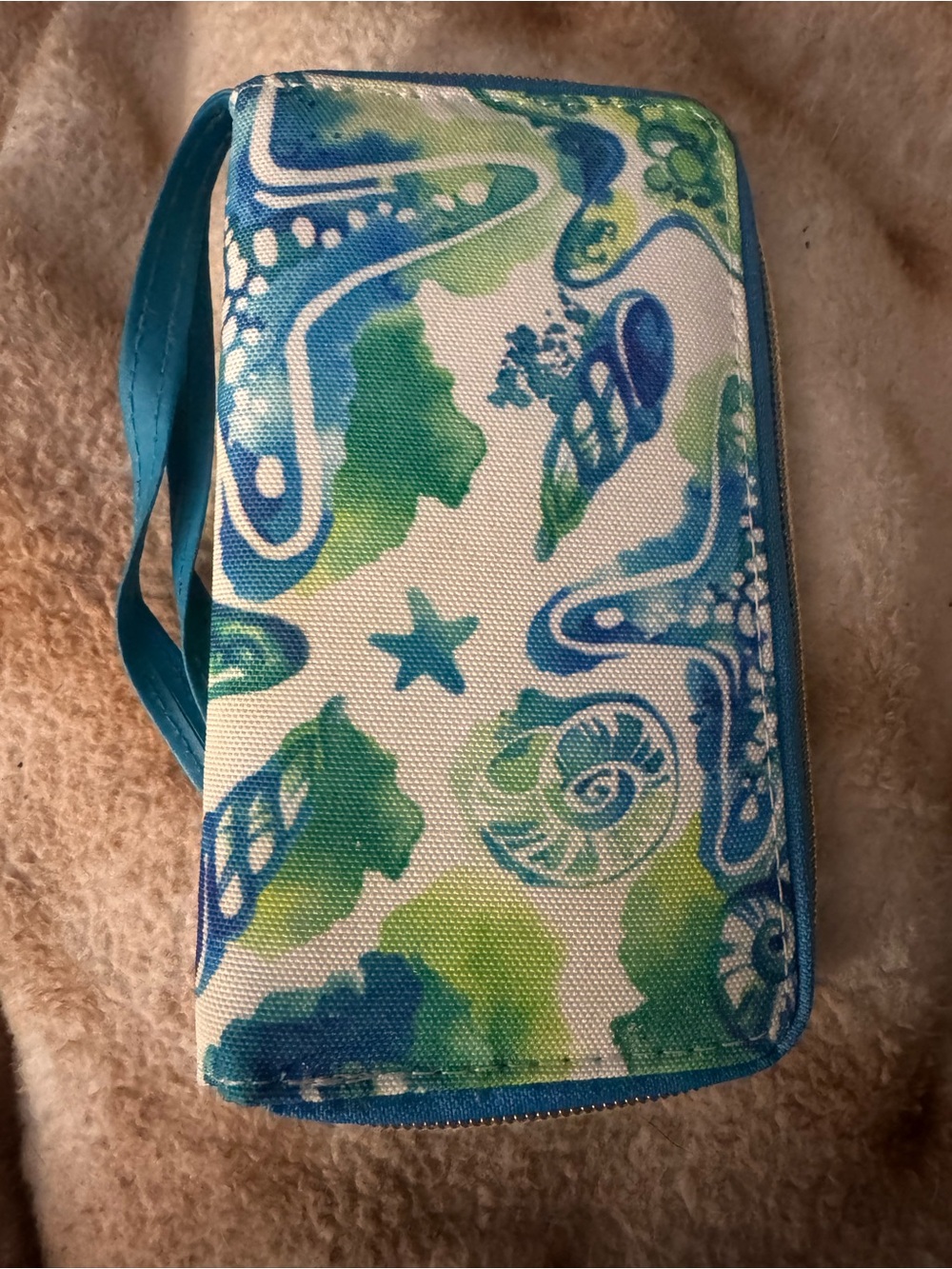 Coastal Seashell Pattern Canvas Wristlet Wallet in Blue and Green